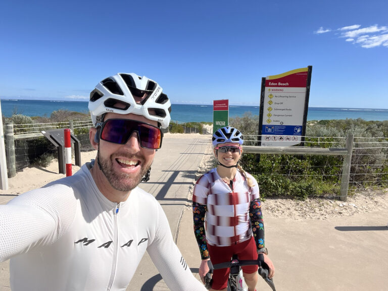 Chris and Bec riding during the 620km Tour De PET Scans across Western Australia to support lung cancer research and ALK Positive Australia.